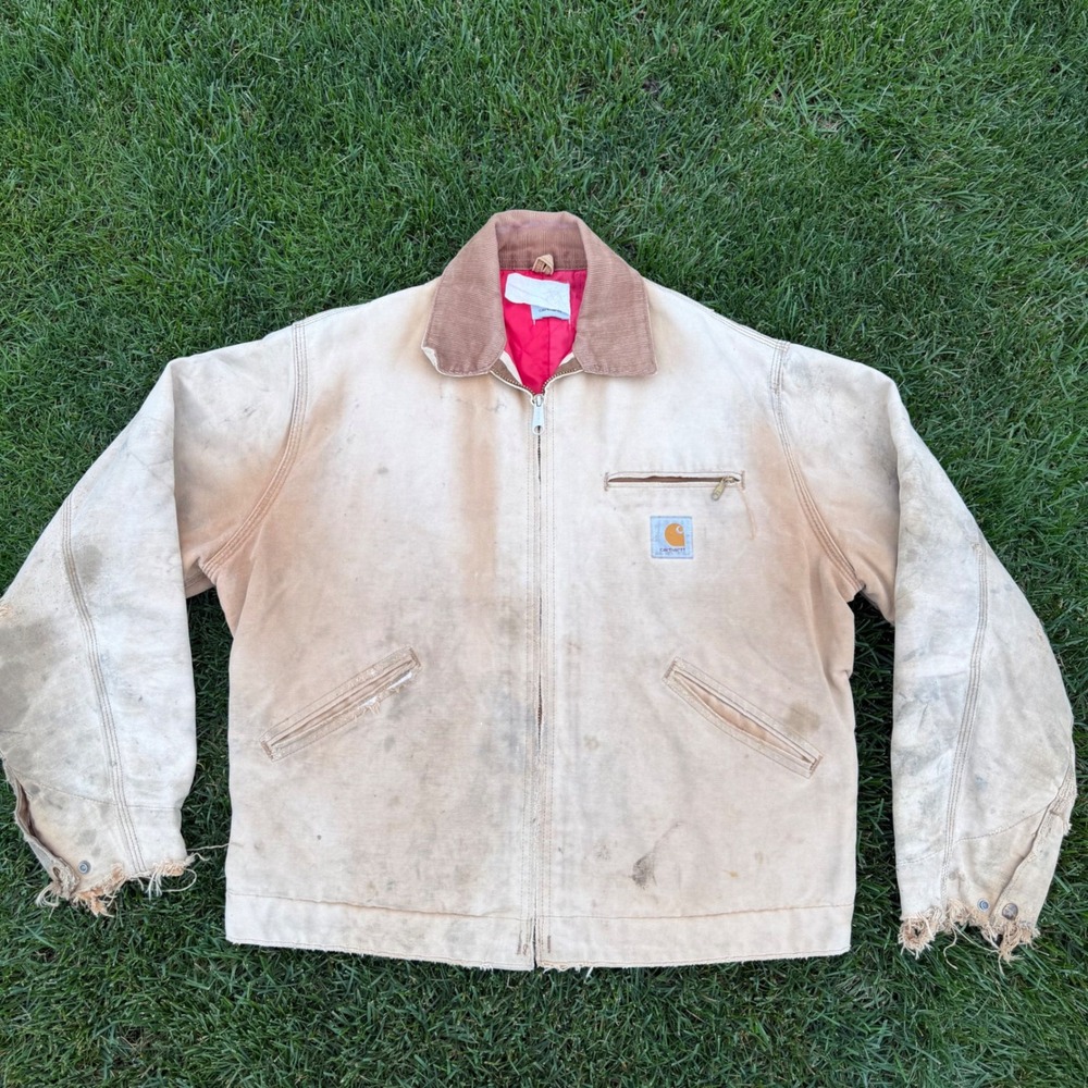 Vintage Carhartt Detroit Jacket Tan Canvas Quilted Red Lining Distressed Mens XL